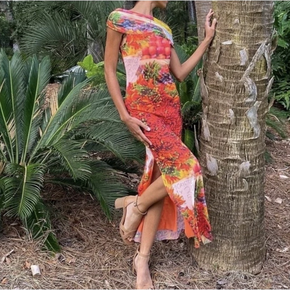 ZARA Picante Market Chili Pepper Print Mesh Tulle Maxi Dress Off Shoulder Sz S